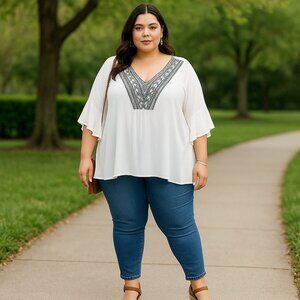 Fair Haven White Embroidered Boho Top 3XL Flowy Bell Sleeves V-Neck Tunic